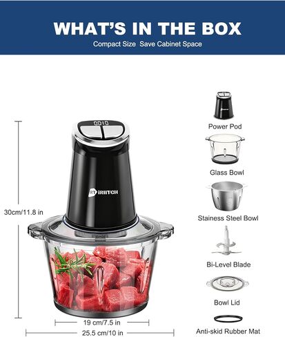 IRIITCH Food Processor with LED Timer, 800W Electric Chopper | 2 Bowls (12-cups Glass Bowl+12 cups Stainless Steel Bowl), 2 Set 6 Bi-Level S-Blades in Saudi Arabia