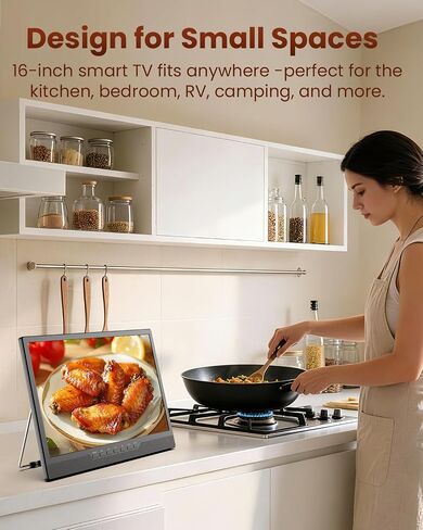 Desobry 16" Small Smart TV, LCD Small Kitchen TV with WiFi | Bulit-in 180°Adjustable Stand/ATSC Tuner/HDMI/USB/AV for Camping, Bedroom, RV, Patio, Indoor & Outdoor Use in Kuwait