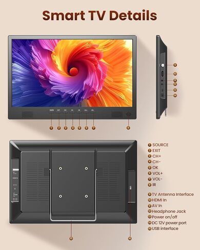 Desobry 16" Small Smart TV, LCD Small Kitchen TV with WiFi | Bulit-in 180°Adjustable Stand/ATSC Tuner/HDMI/USB/AV for Camping, Bedroom, RV, Patio, Indoor & Outdoor Use in Kuwait