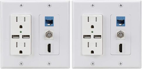 HDMI USB Outlet Charger Wall Plate, Cat6 Ethernet Coax 2 Power Outlet 15A, | Dual 2.1A USB Charger Port,PHIZLI 1 HDMI HDTV + 1 CAT6 RJ45 + Coaxial Cable TV F Type Keystone Face Plate White in Saudi Arabia