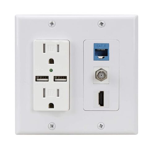HDMI USB Outlet Charger Wall Plate, Cat6 Ethernet Coax 2 Power Outlet 15A, | Dual 2.1A USB Charger Port,PHIZLI 1 HDMI HDTV + 1 CAT6 RJ45 + Coaxial Cable TV F Type Keystone Face Plate White in Kuwait