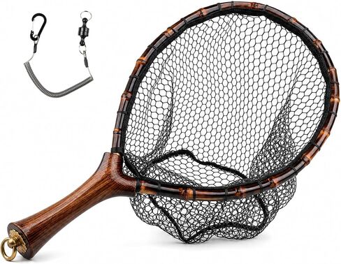 Premium Handcrafted Fly Fishing Net with Natural Bamboo Frame, Rubber Hex Mesh, Brass Lanyard Ring, Trout Stream Size in Saudi Arabia