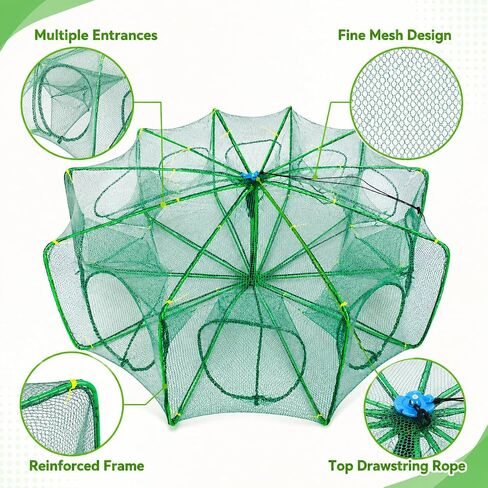 Fishing Bait Trap, 10-Hole 10-Sided Foldable Fishing Net Trap, Portable Nylon Mesh Collapsible Fish Trap with Storage Bag for Minnow Crab Shrimp Crawfish, Freshwater Saltwater in Saudi Arabia