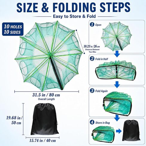 Fishing Bait Trap, 10-Hole 10-Sided Foldable Fishing Net Trap, Portable Nylon Mesh Collapsible Fish Trap with Storage Bag for Minnow Crab Shrimp Crawfish, Freshwater Saltwater in Saudi Arabia
