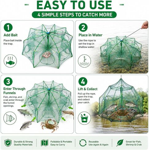 Fishing Bait Trap, 10-Hole 10-Sided Foldable Fishing Net Trap, Portable Nylon Mesh Collapsible Fish Trap with Storage Bag for Minnow Crab Shrimp Crawfish, Freshwater Saltwater in Saudi Arabia
