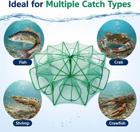 Fishing Bait Trap, 10-Hole 10-Sided Foldable Fishing Net Trap, Portable Nylon Mesh Collapsible Fish Trap with Storage Bag for Minnow Crab Shrimp Crawfish, Freshwater Saltwater in Saudi Arabia