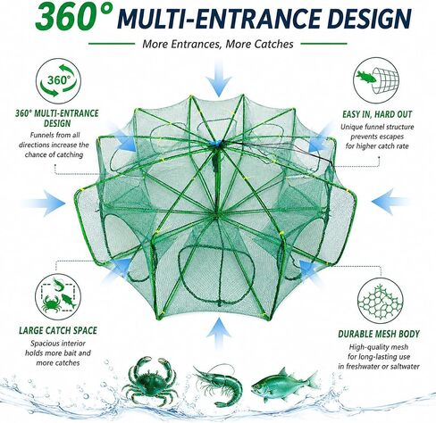 Fishing Bait Trap, 10-Hole 10-Sided Foldable Fishing Net Trap, Portable Nylon Mesh Collapsible Fish Trap with Storage Bag for Minnow Crab Shrimp Crawfish, Freshwater Saltwater in Saudi Arabia