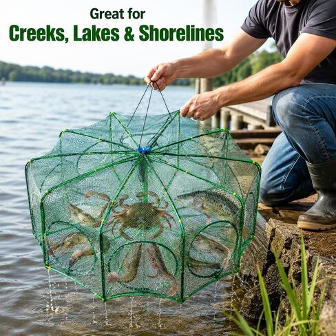 Fishing Bait Trap, 10-Hole 10-Sided Foldable Fishing Net Trap, Portable Nylon Mesh Collapsible Fish Trap with Storage Bag for Minnow Crab Shrimp Crawfish, Freshwater Saltwater in Saudi Arabia