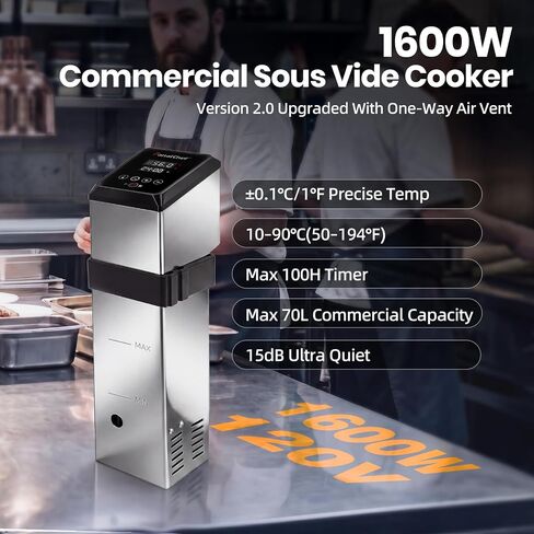 1600W Commercial Sous Vide Cooker, Immersion Circulator with One-Way Air Vent for Efficient Heat Dissipation, 360° Water Circulation, Precise Temp Control for Restaurant Home Use (Dark Silver, 1600W) in Saudi Arabia