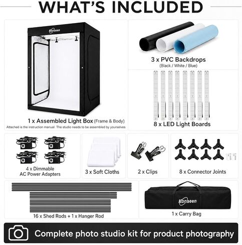 Large Photo Studio Light Box 47x39x78in,Dimmable Product Photography Light Box with LED Lights,3 Black White Blue PVC Backdrops,Assembly Frame and Carry Bag,Portable Shooting Tent for Clothe Shoes Bag in Saudi Arabia