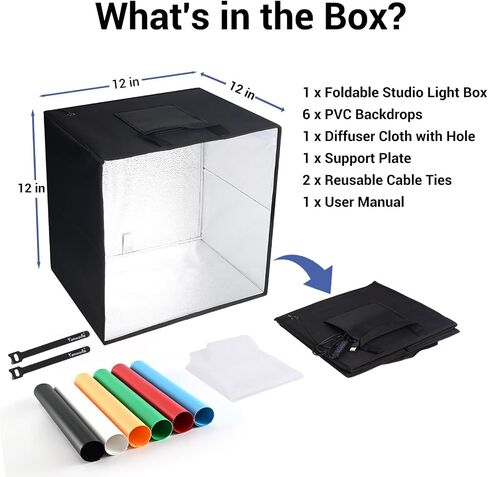 12" Photo Light Box for Trading Cards, Jewelry & Small Product Photography | CRI95 LEDs, 3 Color Modes, 10%-100% Brightness, Foldable Design, Anti-Glare Diffuser, 6 PVC Backdrops in Saudi Arabia