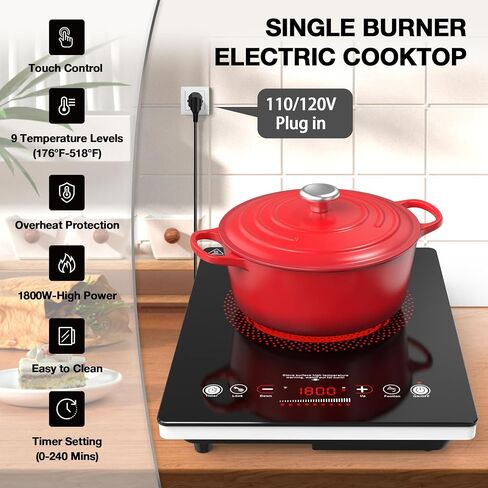 VBGK Single Burner Electric Cooktop,110V 1800W Electric Stove Top with LED Touch Control,Single electric burner 9 Power Levels, 4 hTimer, Safety Lock,Overheat protection in Saudi Arabia