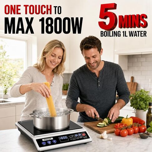 Induction Cooktop Portable Induction Burner Countertop One-Touch Max Power 1800W, 12-Hour Timer Precise Temperature Control Stainless Steel Hot Plate Low-Noise Electric Cooktop for Home-Regular in Kuwait