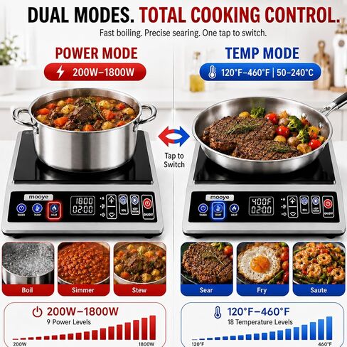 Induction Cooktop Portable Induction Burner Countertop One-Touch Max Power 1800W, 12-Hour Timer Precise Temperature Control Stainless Steel Hot Plate Low-Noise Electric Cooktop for Home-Regular in Kuwait