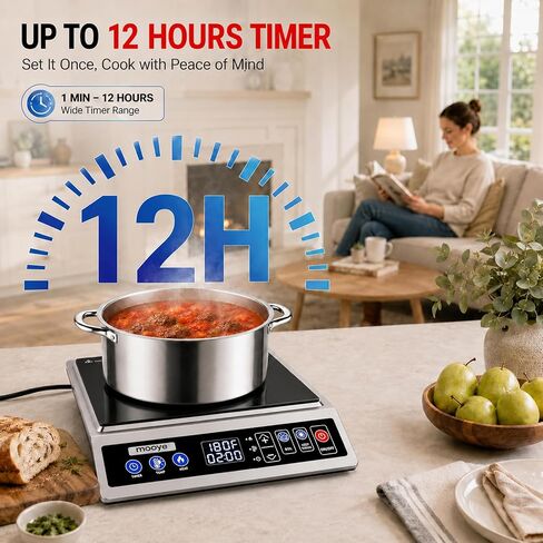 Induction Cooktop Portable Induction Burner Countertop One-Touch Max Power 1800W, 12-Hour Timer Precise Temperature Control Stainless Steel Hot Plate Low-Noise Electric Cooktop for Home-Regular in Kuwait