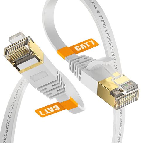 Cat7 Ethernet Cable, 10FT, White, Ultra Slim Flat | 10Gbps-600Mhz, Flexible, Bare Copper, Gold-Plated RJ45, Double Shielded, Ground Wire, Cable Tie in Saudi Arabia