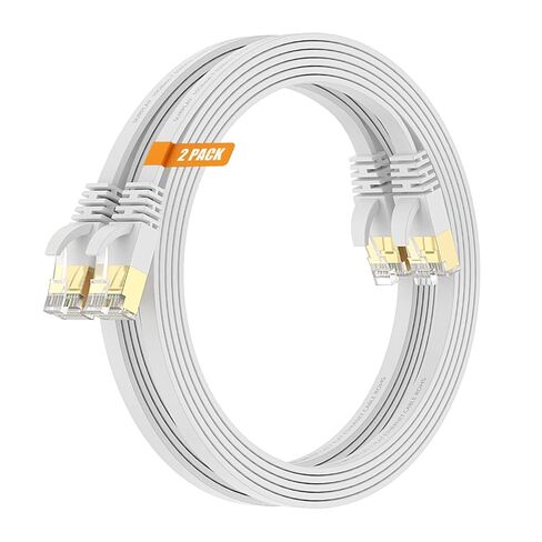 Cat7 Ethernet Cable, 10FT, White, Ultra Slim Flat | 10Gbps-600Mhz, Flexible, Bare Copper, Gold-Plated RJ45, Double Shielded, Ground Wire, Cable Tie in Kuwait