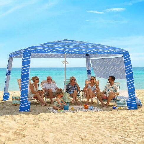 Zeraty Beach Cabana 8'×8', Portable Beach Canopy with Side Wall, UPF 50+ Silver-Coated B Each Tent Sun Shelter Easy Pop Up, Wind Resistant Adjustable Height B Each Umbrella Tent for Family, Boho Blue in Kuwait