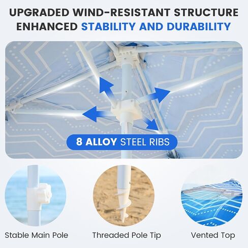 Zeraty Beach Cabana 8'×8', Portable Beach Canopy with Side Wall, UPF 50+ Silver-Coated B Each Tent Sun Shelter Easy Pop Up, Wind Resistant Adjustable Height B Each Umbrella Tent for Family, Boho Blue in Kuwait