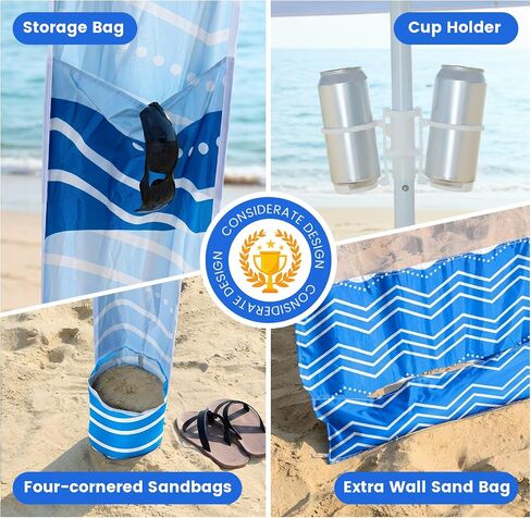 Zeraty Beach Cabana 8'×8', Portable Beach Canopy with Side Wall, UPF 50+ Silver-Coated B Each Tent Sun Shelter Easy Pop Up, Wind Resistant Adjustable Height B Each Umbrella Tent for Family, Boho Blue in Kuwait