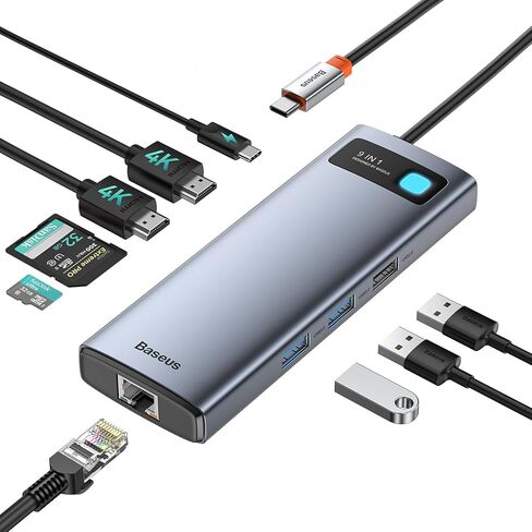 Baseus Laptop Docking Station Dual Monitor 9 in 1 USB C Hub up to 4K@120Hz | 2 HDMI, 1000Mbps LAN, Max 85W PD, 3 USB, SD Card Reader, USB C Dock Compatible with iPhone/Mac/Dell/HP/Surface/Steam Deck in Kuwait