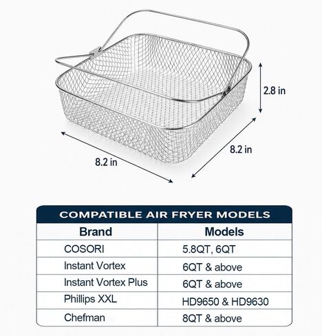 Square Air Fryer Basket with Handle, 8.5 inch Wide Air Fryer Accessories, 304 Stainless Steel Mesh, Airfryer Accessory for 5.8QT 6QT and above, COSORI,Instant Vortex, Instant Vortex Plus, Phillips XXL in Saudi Arabia