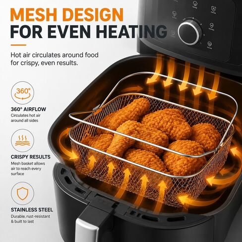 Square Air Fryer Basket with Handle, 8.5 inch Wide Air Fryer Accessories, 304 Stainless Steel Mesh, Airfryer Accessory for 5.8QT 6QT and above, COSORI,Instant Vortex, Instant Vortex Plus, Phillips XXL in Saudi Arabia