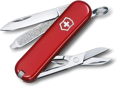 Victorinox Classic SD Swiss Army Knife, Compact, 7 Functions, Swiss Made Pocket Knife with Small Blade, Screwdriver and Key Ring - Style Icon (Red) | Swiss made compact multi-tool with scissors, nail file, tweezers, and toothpick. Durable iconic stainless in Kuwait