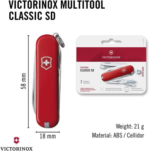 Victorinox Classic SD Swiss Army Knife, Compact, 7 Functions, Swiss Made Pocket Knife with Small Blade, Screwdriver and Key Ring - Style Icon (Red) | Swiss made compact multi-tool with scissors, nail file, tweezers, and toothpick. Durable iconic stainless in Kuwait