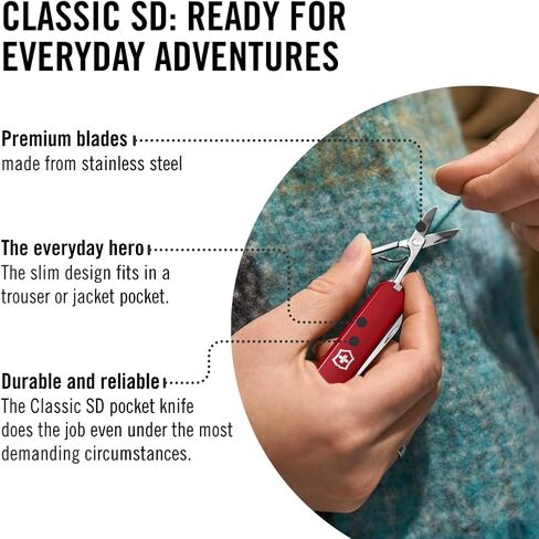 Victorinox Classic SD Swiss Army Knife, Compact, 7 Functions, Swiss Made Pocket Knife with Small Blade, Screwdriver and Key Ring - Style Icon (Red) | Swiss made compact multi-tool with scissors, nail file, tweezers, and toothpick. Durable iconic stainless in Kuwait