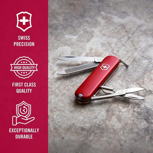 Victorinox Classic SD Swiss Army Knife, Compact, 7 Functions, Swiss Made Pocket Knife with Small Blade, Screwdriver and Key Ring - Style Icon (Red) | Swiss made compact multi-tool with scissors, nail file, tweezers, and toothpick. Durable iconic stainless in Kuwait