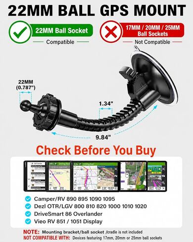 1Zero Heavy-Duty 22mm Ball Truck GPS Mount for Garmin, GPS Holder for Car | Large Vacuum Suction Cup Mount for DriveSmart 86, dezl OTR800/810/820/1000/1010/1020, RV 890/895/1090/1095, Overlander in Saudi Arabia