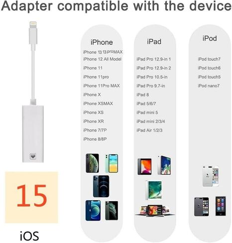 [Apple MFi Certified] Lightning to Ethernet Adapter,RJ45 Ethernet LAN Network Adapter Cable with 8 Pin Connector Compatible with iPhone 13/12/11/XS/XR/X/8/7/iPad/iPod, Plug and Play, Supports 100Mbps | iPhone Lightning Network Adapter Cable with 8 Pin Con in Saudi Arabia