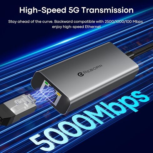Reborn USB C to Ethernet 5Gb Adapter (0.98FT), Aluminum USB-C to RJ45 5 Gigabit Network Adapter Compatible with USB4, Thunderbolt 5/4, Plug & Play for MacBook, XPS Laptop, and USBC Devices in Saudi Arabia