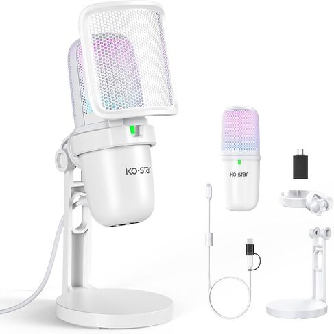 RGB USB Microphone, White Gaming Mic for PC, PS5, Laptop, Phone, Condenser Mic with Touch Mute, Pop Filter, Cardioid Pickup, Plug & Play for Streaming, Podcast, Recording, Gaming in Saudi Arabia
