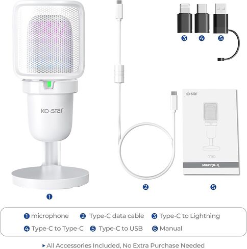 RGB USB Microphone, White Gaming Mic for PC, PS5, Laptop, Phone, Condenser Mic with Touch Mute, Pop Filter, Cardioid Pickup, Plug & Play for Streaming, Podcast, Recording, Gaming in Saudi Arabia