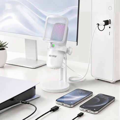 RGB USB Microphone, White Gaming Mic for PC, PS5, Laptop, Phone, Condenser Mic with Touch Mute, Pop Filter, Cardioid Pickup, Plug & Play for Streaming, Podcast, Recording, Gaming in Saudi Arabia