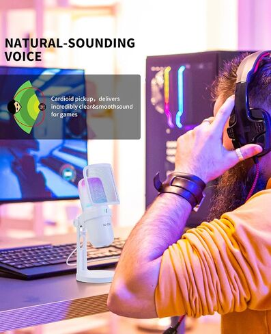 RGB USB Microphone, White Gaming Mic for PC, PS5, Laptop, Phone, Condenser Mic with Touch Mute, Pop Filter, Cardioid Pickup, Plug & Play for Streaming, Podcast, Recording, Gaming in Saudi Arabia