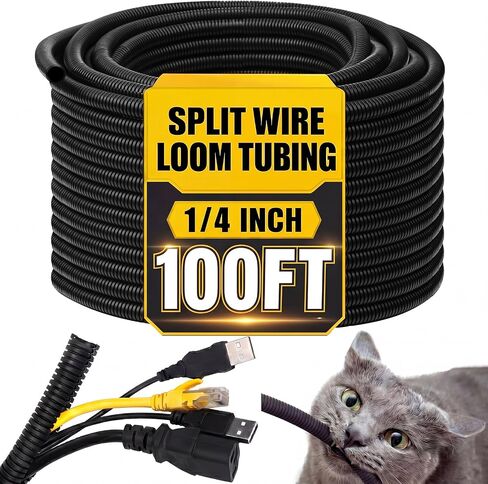 Kanayu 1/2''-50 Ft Split Wire Loom Tubing, Black Flame Retardant | High Temp Protector, Split Design for Easy Install, Industrial Automotive Marine Electrical Use, Corrugated Loom Conduit in Kuwait