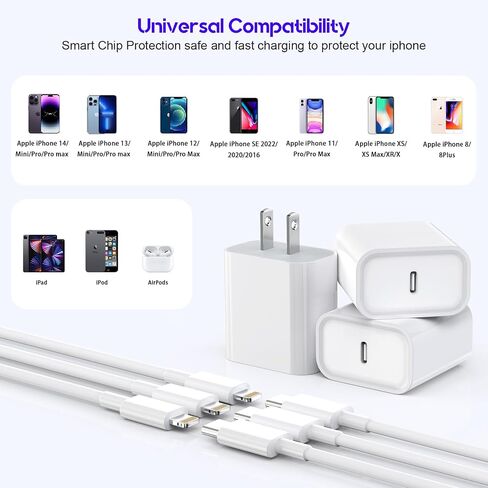10Foot Fast iPhone Charging Cable,3-Pack Super Fast i Phone Charger USB C Charging Block Wall Charger PD Adapter with 10FT Type C to Lightning Cable Cord for iPhone 14/13/12/11ProMax/XS Max/XS/XR/8/SE in Saudi Arabia