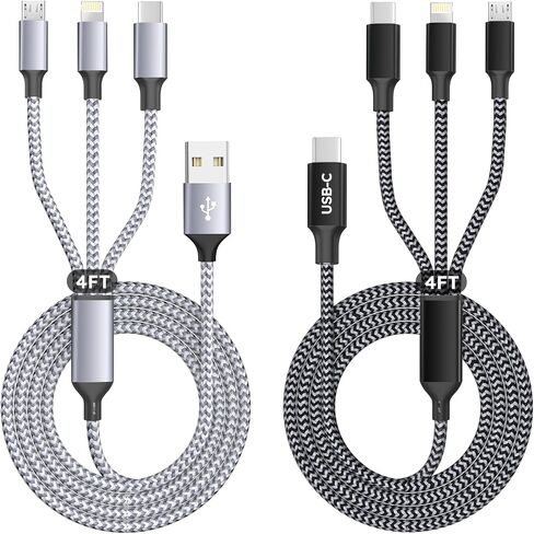 Multi Charger Cable, 3 in 1 Charging Cable USB Phone Multiple Charger Cord | Universal Charging Cords (2Pack 4FT) with Multiple Connectors - Type C, IP, Micro USB Cable for iPhone17/16, iPad, Galaxy in Saudi Arabia