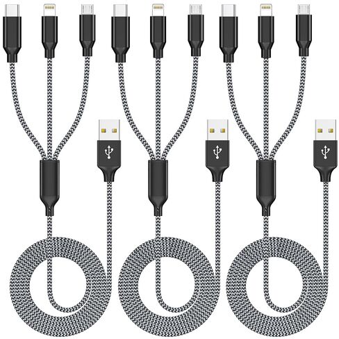 Multi Charging Cable 4ft 3Pack 3 in 1 Charger Cord, Multiple Rapid Cable | Nylon Braided Cable USB Charging Cable Multi Phone Charger Cord with Type C Micro Lightning for Apple iPhone17-5 Cell Phones in Saudi Arabia