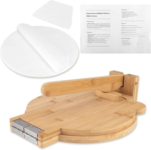 Bamboo Tortilla Press 10 inch - Mexican Tortilla Maker with 100 Parchment Papers | Homemade Flour & Corn Tortillas, Tortillera, Pataconera, Dough Press for Easy Cooking in Saudi Arabia