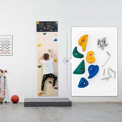 ComfyBumpy Rock Climbing Wall for Kids | Indoor Playground Play Gym Set with Drawing Blackboard & 12 Non-Slip Holds | Durable Wooden Climber Ages 3+ | 132 lbs Capacity | Additional 6 Climbing Holds in Saudi Arabia