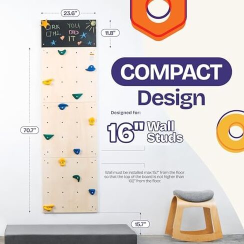 ComfyBumpy Rock Climbing Wall for Kids | Indoor Playground Play Gym Set with Drawing Blackboard & 12 Non-Slip Holds | Durable Wooden Climber Ages 3+ | 132 lbs Capacity | Additional 6 Climbing Holds in Saudi Arabia
