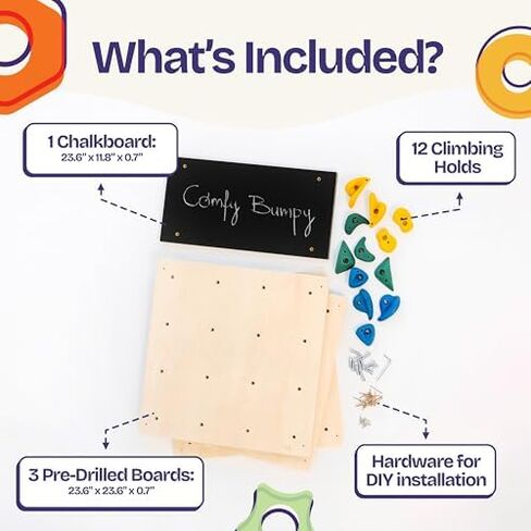 ComfyBumpy Rock Climbing Wall for Kids | Indoor Playground Play Gym Set with Drawing Blackboard & 12 Non-Slip Holds | Durable Wooden Climber Ages 3+ | 132 lbs Capacity | Additional 6 Climbing Holds in Saudi Arabia