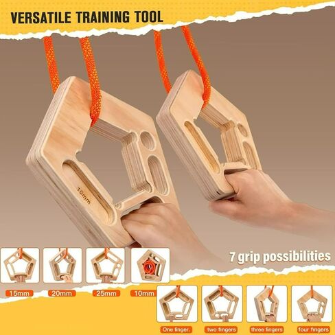 Wooden Climbing Hangboard - 2-Pack, Portable 7-Grip Trainer | 7.9" portable wooden fingerboard with 10-25mm grip slots. 7 grips, includes hanging rope. (2-Pack). in Saudi Arabia