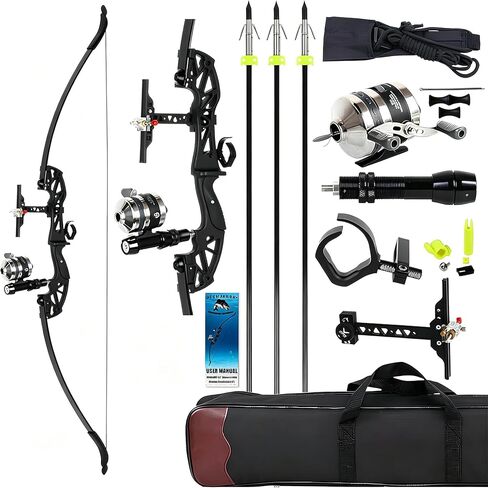 53" Recurve Bow Bowfishing Kit, 30/40 LBS RH with Reel & Arrows | Take-down design,Aluminum riser, stable shooting power, smooth reel, easy disassembly, lightweight carry, all skill levels in Kuwait