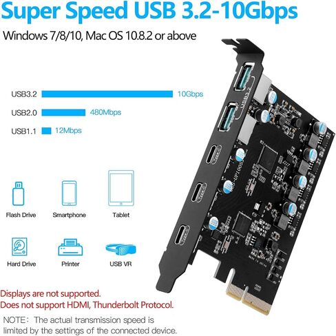 PCIe to USB 3.2/USB 3.1 Gen 2 Card 10Gbps 5-Port (3X USB C - 2X Type A) | USB C PCIe Card, PCI Express X4, PCI Express Expansion Card PC Internal Hub for Windows 10/8/7 Linux and MAC OS 10.8.2 Above in Saudi Arabia