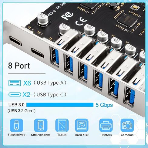 Ubit 8-Port PCIe USB Expansion Card | 6X USB 3.0 + 2X Type-C | Dual NEC Chipset with 3-Stage Independent Power Module (No External Power Needed) Compatible with Windows. in Saudi Arabia